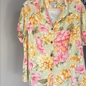 button down shirt with relaxed fit multi color Hibiscus floral design throughout
